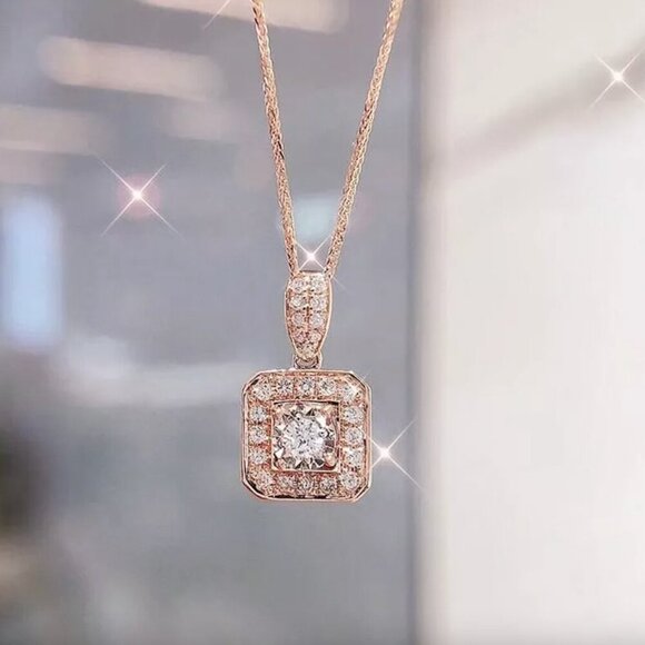 NEW 18k Rose Gold Round Cut Diamond Necklace Square Diamond Halo Necklace - Picture 2 of 3